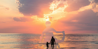 橙色简约唯美父子亲子海面落日黄昏展板背景感恩节背景
